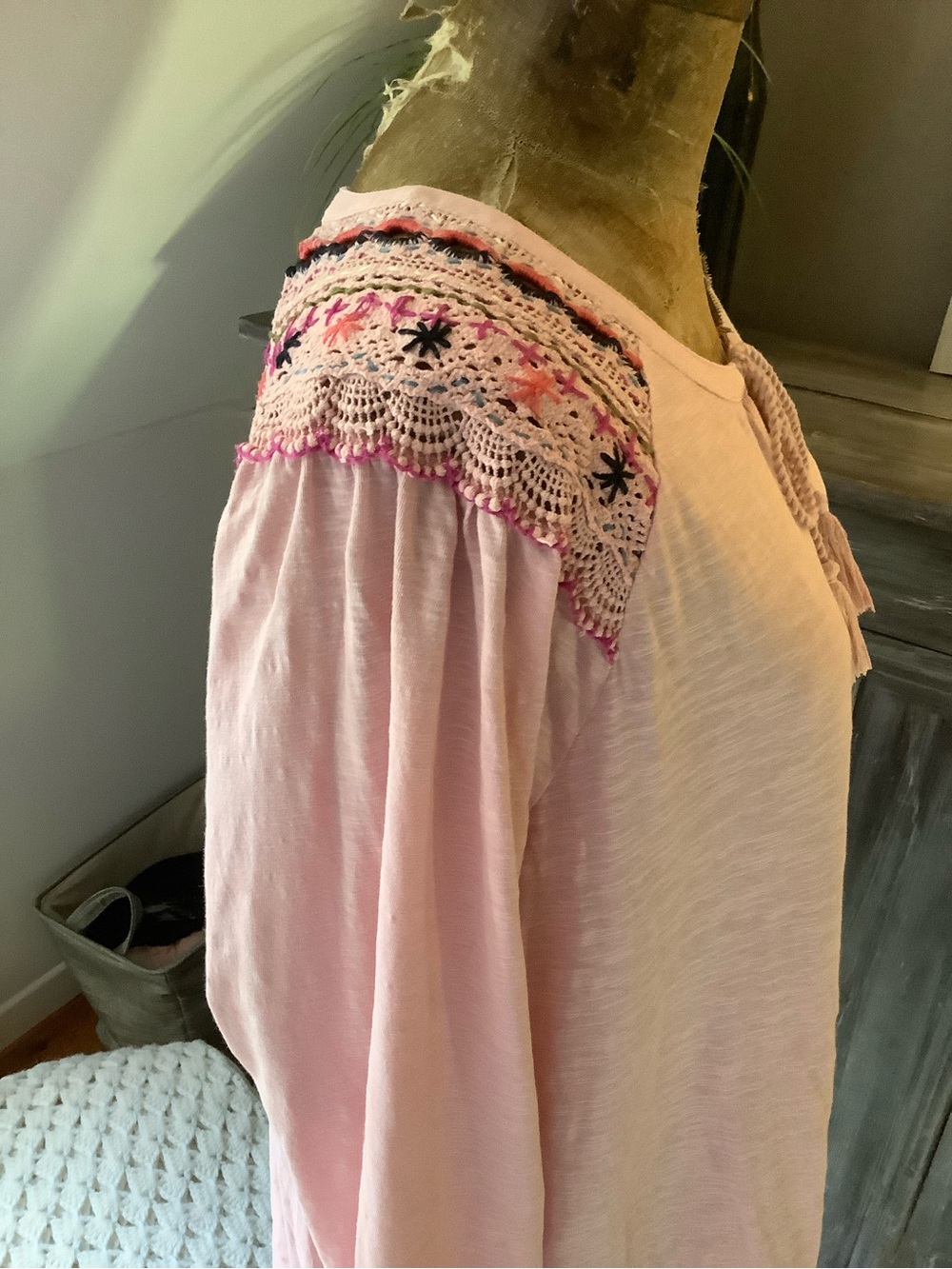 Style & Co. Pink Tassel Tie Long-Sleeve Top with Embroidered Shoulders